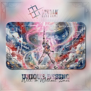 May include: A rectangular Gundam card game playmat with a watercolour design. The mat features a Gundam robot in the centre, with text that reads "GUNDAM CARD GAME" and "UNIQUE DESIGN With or Without Zones". The background has a colourful, space-themed design.