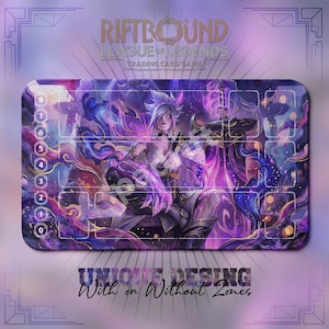 May include: A rectangular playmat for the "League of Legends" trading card game, featuring a vibrant purple and blue illustration of a character. The mat has numbered zones and the text "RIFTBOUND LEAGUE OF LEGENDS TRADING CARD GAME" and "UNIQUE DESING With or Without Zones".