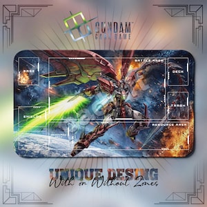 May include: A rectangular Gundam Card Game playmat featuring a central illustration of a winged robot in space. The mat includes white printed outlines for game zones labelled Base, Battle Area, Deck, Trash, Shields, and Resource Area.