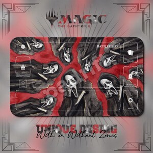 May include: A rectangular playmat featuring a red background with multiple black-cloaked figures wearing white ghost masks. The mat includes white printed zones labeled Battlefield, Library, Graveyard, Exile, Lands, Commander, Tax, and Life Total.