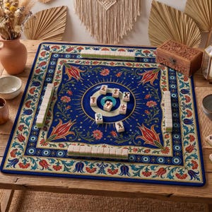 May include: A square mahjong mat featuring a deep blue background with a vibrant floral pattern in red, green, and yellow. The mat displays a central circular design and a decorative border, with several white mahjong tiles arranged on the surface.