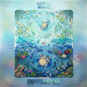 May include: A rectangular Pokémon trading card mat featuring a watercolor illustration of a pond scene with two Pokémon characters, Squirtle and Blastoise, surrounded by fish and aquatic plants. The mat has the Pokémon logo at the top and text at the bottom.