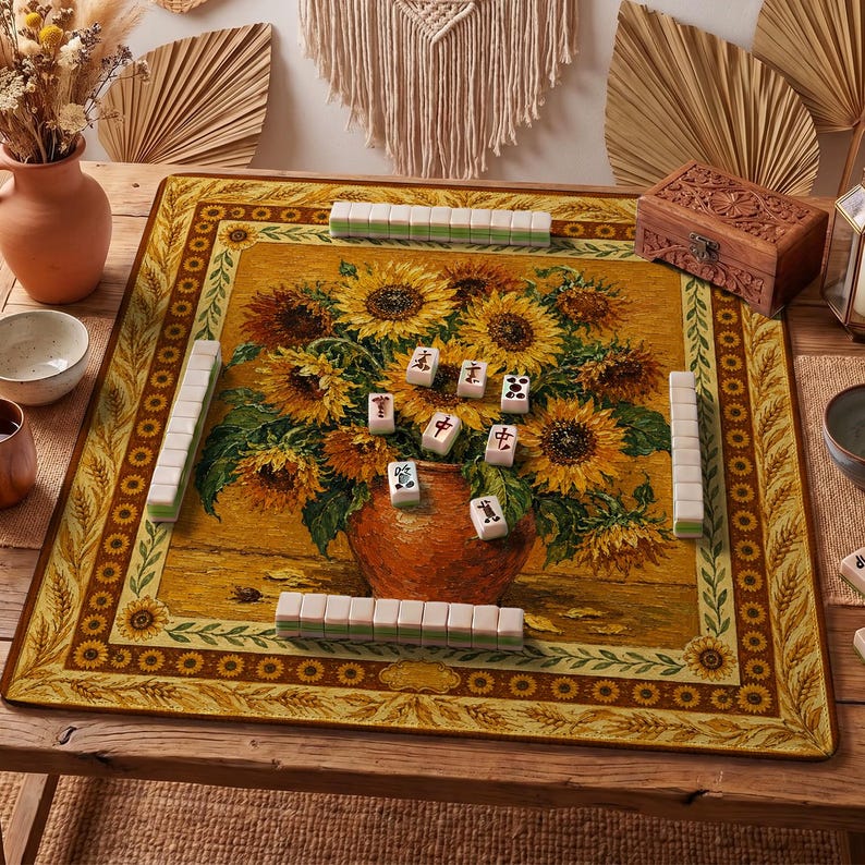 Sunflower Vase Mahjong Mat — Van Gogh Style Mah Jongg Mat 31.5" Art Gift