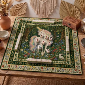 May include: A square mahjong mat featuring a central illustration of a white unicorn with a rainbow mane in a forest with flowers, mushrooms, and a rabbit. The mat has a decorative floral border and includes several white mahjong tiles.