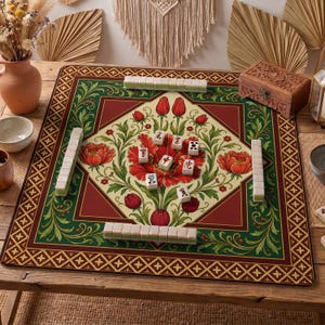 May include: A decorative Mahjong game set on a wooden table. The game board features a floral design with red and green accents. White Mahjong tiles are arranged around the board, with a wooden box in the background.