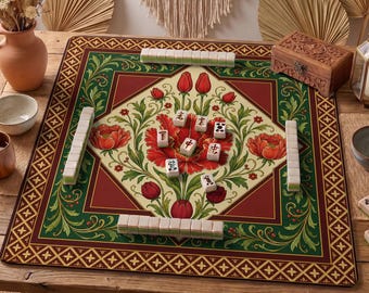 Red Tulip Mahjong Mat — Folk Floral Mah Jongg Mat 31.5" Mahjong Gift