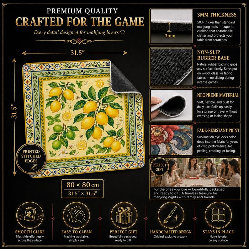 Lemon Mahjong Mat — Sicilian Majolica Mah Jongg Mat 31.5" Hostess Gift