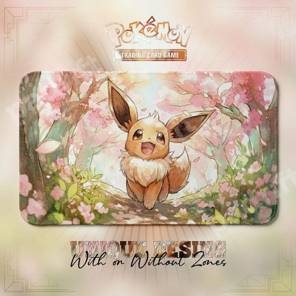 Eevee Cherry Blossom TCG Playmat — Pokemon Trading Card Mat 24x14 Zones