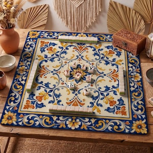 Blue Gold Talavera Mahjong Mat — Mediterranean Tile Mah Jongg Mat 31.5" Hostess Gift