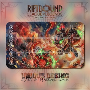 May include: A rectangular Riftbound League of Legends trading card game playmat. The mat features a vibrant illustration of a character with green eyes and a wide grin, set against a fiery background. The mat has numbered zones and the text "UNIQUE DESING With or Without Zones".