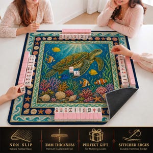 Sea Turtle Mahjong Mat — Coral Reef Mah Jongg Mat 31.5" Beach Hostess Gift