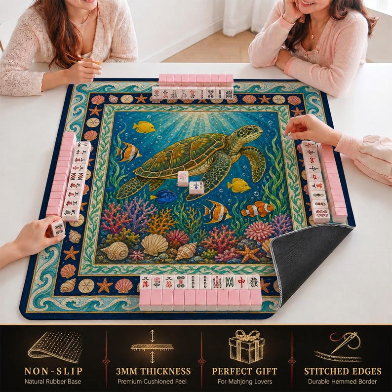Sea Turtle Mahjong Mat — Coral Reef Mah Jongg Mat 31.5" Beach Hostess Gift