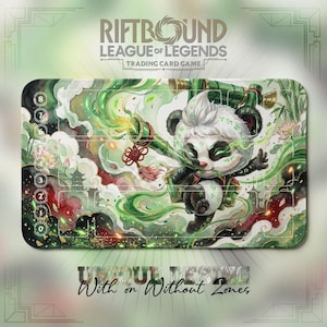 May include: A rectangular playmat for the "Riftbound League of Legends Trading Card Game." The mat features a panda character with a green telescope, set against a backdrop of green and white clouds, with the text "UNIQUE DESIGN With or Without Zones."