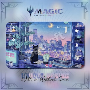 May include: A rectangular Magic The Gathering playmat featuring a city skyline at night viewed from a room with a black cat sitting on a desk. The desk includes a potted plant, a glowing crystal, and game zone labels like Battlefield and Lands.