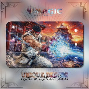 May include: A rectangular playmat featuring a character in a white martial arts uniform with a red headband, performing a blue energy blast. The mat includes game zones labeled Battlefield, Library, Graveyard, Exile, Life Total, Commander, and Tax.