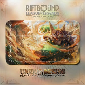 Puede incluir: Alfombrilla rectangular para el juego de cartas coleccionables Riftbound League of Legends. La ilustración detallada muestra una criatura con caparazón espinoso, sobre un fondo de tonos naranja y verde. El texto "UNIQUE DESIGN With or Without Zones" es visible.