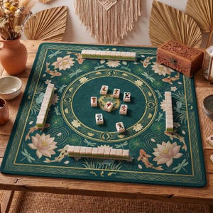 Teal Koi Lotus Pond Mahjong Mat — Chinoiserie Mah Jongg Mat 31.5" Hostess Gift