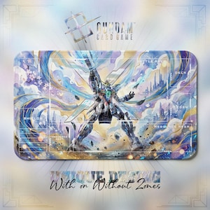 May include: Rectangular Gundam card game playmat with a watercolor design. The mat features a detailed illustration of a Gundam robot in a dynamic pose, set against a backdrop of clouds and a cityscape. Text includes "GUNDAM CARD GAME" and "UNIQUE DESIGN".