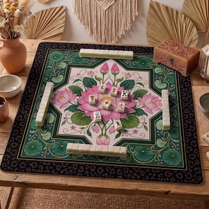 Pink Lotus Mahjong Mat — Leopard Border Mah Jongg Mat 31.5" Statement Gift