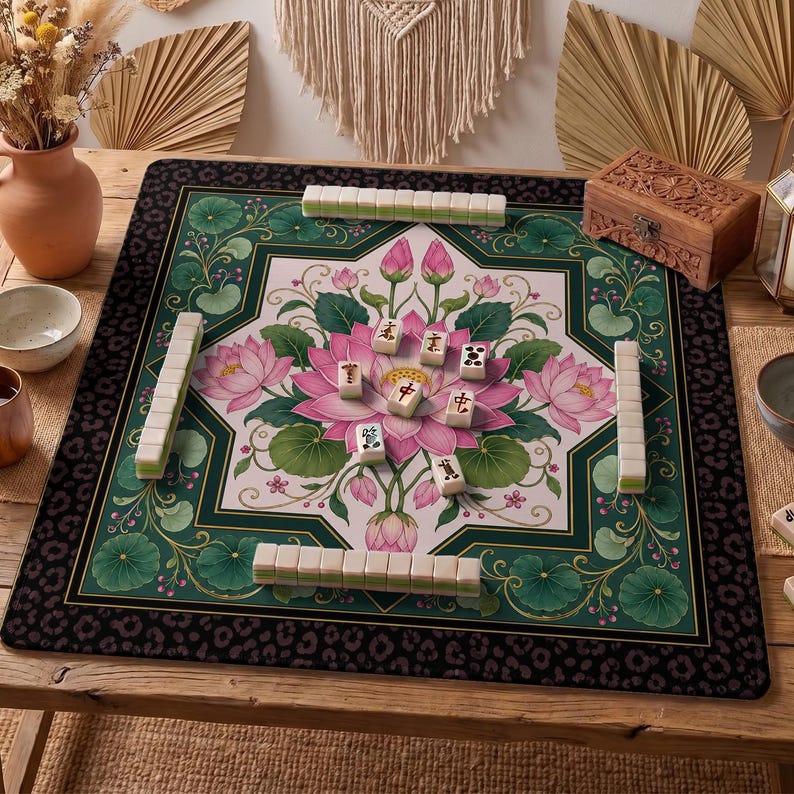 Pink Lotus Mahjong Mat — Leopard Border Mah Jongg Mat 31.5" Statement Gift