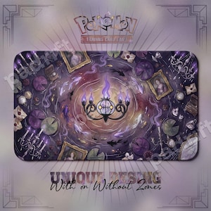 May include: A rectangular playmat featuring a central Chandelure character with purple flames, surrounded by koi fish, lily pads, ornate picture frames, candelabras, and pocket watches on a dark purple background. The top displays the Pokemon logo.