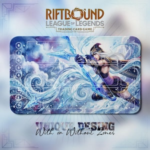 May include: A rectangular playmat for the "Riftbound League of Legends Trading Card Game." The mat features a watercolor illustration of a female archer with a bow and arrow, set against a blue and white icy background. The text "UNIQUE DESIGN With or Without Zones" is at the bottom.