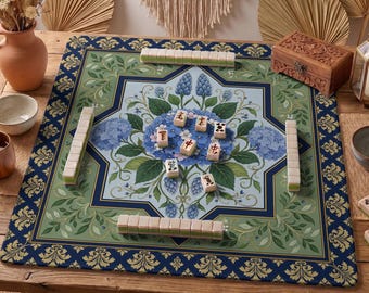 Blue Hydrangea Mahjong Mat — Navy Damask Mah Jongg Mat 31.5" Hostess Gift