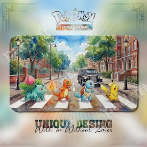 May include: A rectangular playmat featuring a watercolor illustration of Pokémon characters crossing a London street. The top of the mat has the Pokémon Trading Card Game logo. The bottom of the mat has the text "UNIQUE DESIGN With or Without Zones."
