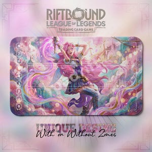 May include: A rectangular playmat for the "Riftbound: League of Legends Trading Card Game." The mat features a vibrant illustration of a character with pink hair and a blue and purple outfit. The design includes zones and the text "Unique Design With or Without Zones."