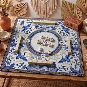 Pode incluir: Um conjunto de jogo de Mahjong azul e branco com peças dispostas sobre um tapete decorativo. O tapete apresenta um design de inspiração asiática com guindastes, pagodes e elementos florais. Uma caixa de madeira e outros itens decorativos também estão presentes.