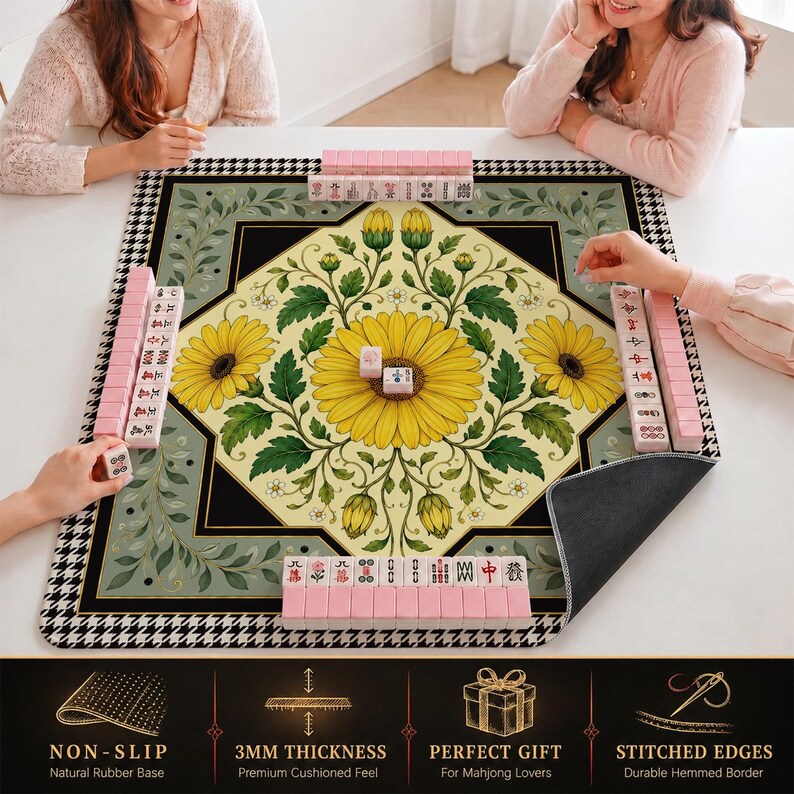 Yellow Daisy Mahjong Mat — Houndstooth Mah Jongg Mat 31.5" Preppy Gift