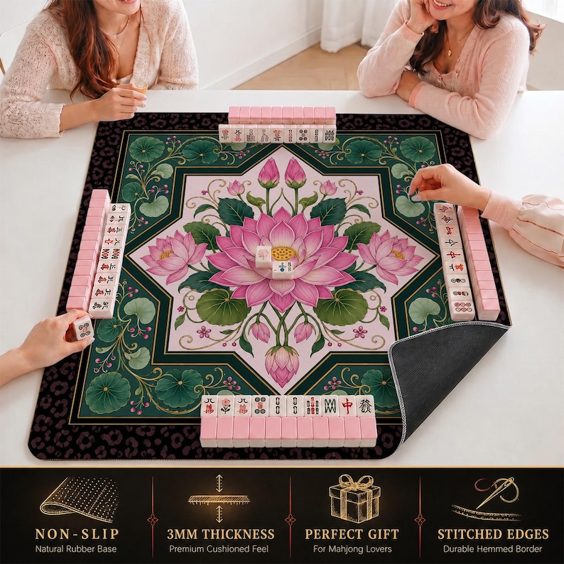 Pink Lotus Mahjong Mat — Leopard Border Mah Jongg Mat 31.5" Statement Gift