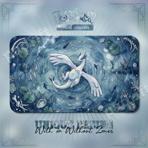 May include: A rectangular playmat featuring a central white Lugia character surrounded by blue watercolour-style aquatic elements including lily pads, fish, coral, and shells. The top displays the Pokémon Trading Card Game logo, and the bottom text reads UNIQUE DESING With on Without Zones.