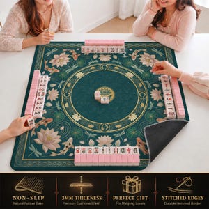 Teal Koi Lotus Pond Mahjong Mat — Chinoiserie Mah Jongg Mat 31.5" Hostess Gift