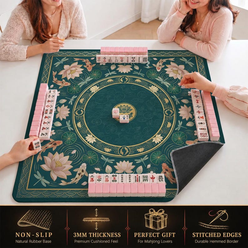 Teal Koi Lotus Pond Mahjong Mat — Chinoiserie Mah Jongg Mat 31.5" Hostess Gift