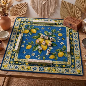 Amalfi Lemon Mahjong Mat — Blue Mediterranean Mah Jongg Mat 31.5" Gift