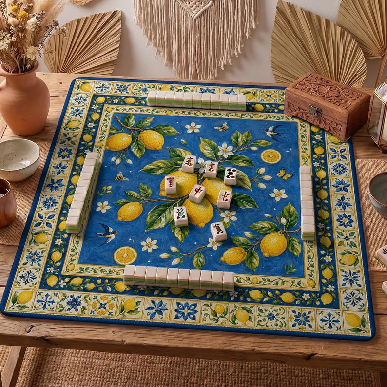 Amalfi Lemon Mahjong Mat — Blue Mediterranean Mah Jongg Mat 31.5" Gift