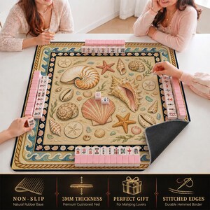 Seashell Mahjong Mat — Coastal Beach Mah Jongg Mat 31.5" Beach House Gift