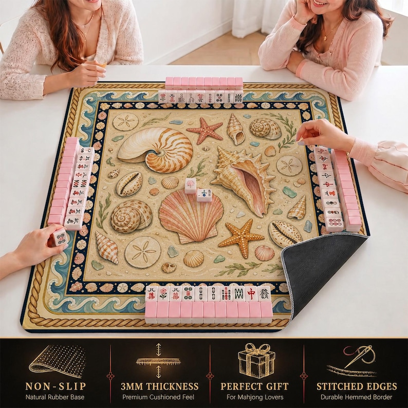 Seashell Mahjong Mat — Coastal Beach Mah Jongg Mat 31.5" Beach House Gift
