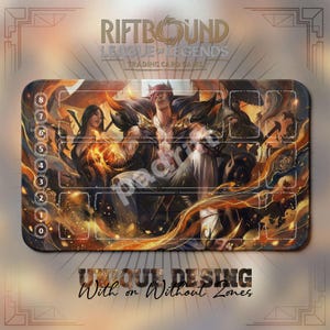 Könnte beinhalten: Rechteckige Spielmatte für das Riftbound League of Legends Trading Card Game. Die Matte zeigt eine detaillierte Illustration von Charakteren in Braun-, Orange- und Goldtönen. Die Matte hat nummerierte Zonen und den Text "UNIQUE DESIGN With or Without Zones".