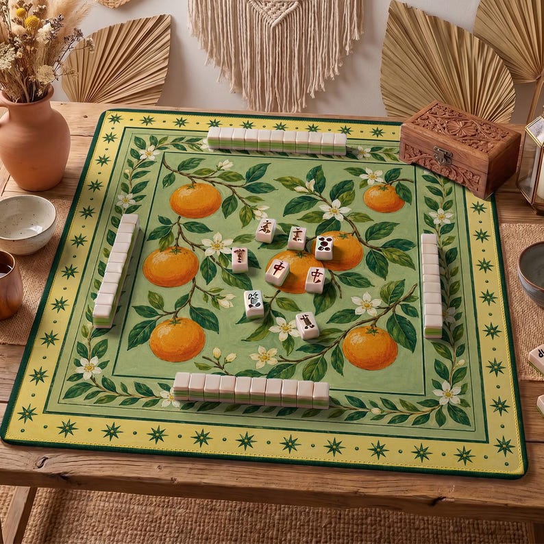Orange Citrus Mahjong Mat — Mediterranean Mah Jongg Mat 31.5" Hostess Gift