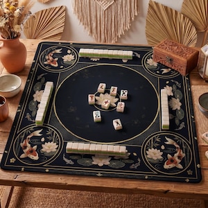 Black Koi Mahjong Mat — Gold Lotus Mah Jongg Mat 31.5" Zen Gift