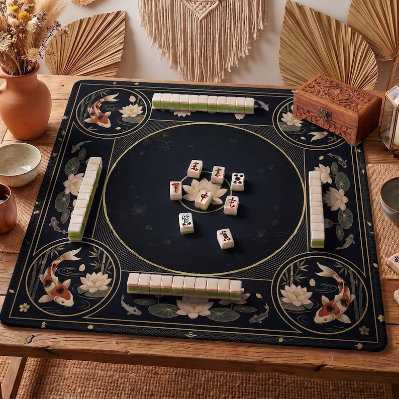 Black Koi Mahjong Mat — Gold Lotus Mah Jongg Mat 31.5" Zen Gift