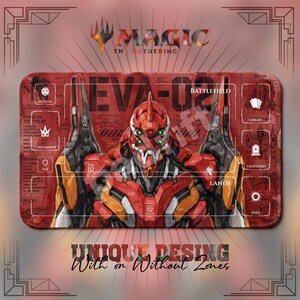 Op de afbeelding: Een rechthoekige speelmat met een illustratie van de Evangelion Test Type-02 robot in rood en oranje. Het ontwerp bevat Magic The Gathering branding, spelzone-labels zoals Battlefield, Library, Graveyard, Lands, Exile en technische tekst.