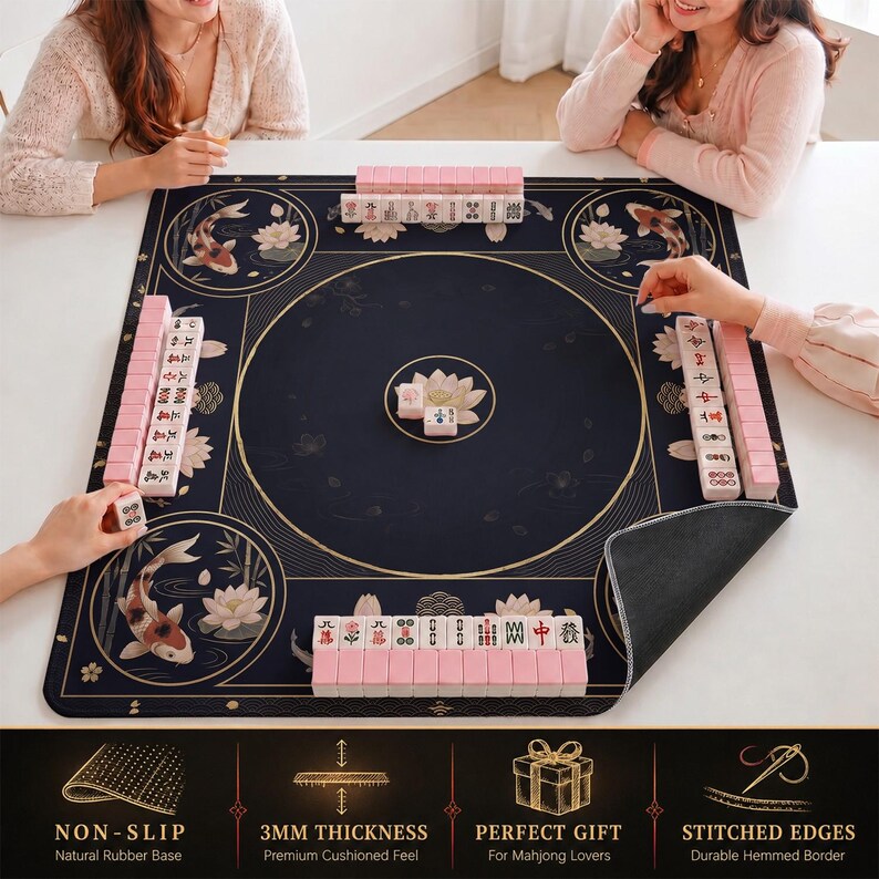 Black Koi Mahjong Mat — Gold Lotus Mah Jongg Mat 31.5" Zen Gift