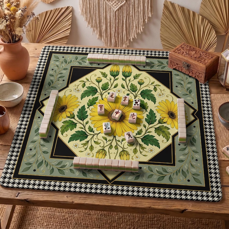 Yellow Daisy Mahjong Mat — Houndstooth Mah Jongg Mat 31.5" Preppy Gift