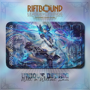 May include: A rectangular Riftbound League of Legends trading card game playmat. The mat features a blue and purple illustration of a character with blue hair. The mat has zones marked with numbers and the text "UNIQUE DESIGN With or Without Zones".