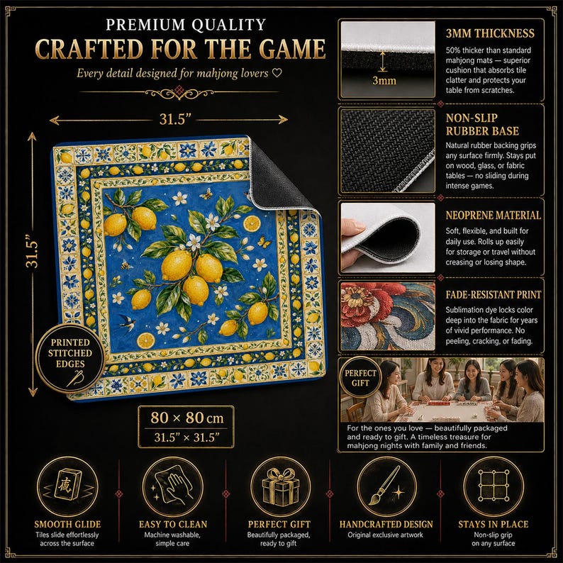 Amalfi Lemon Mahjong Mat — Blue Mediterranean Mah Jongg Mat 31.5" Gift