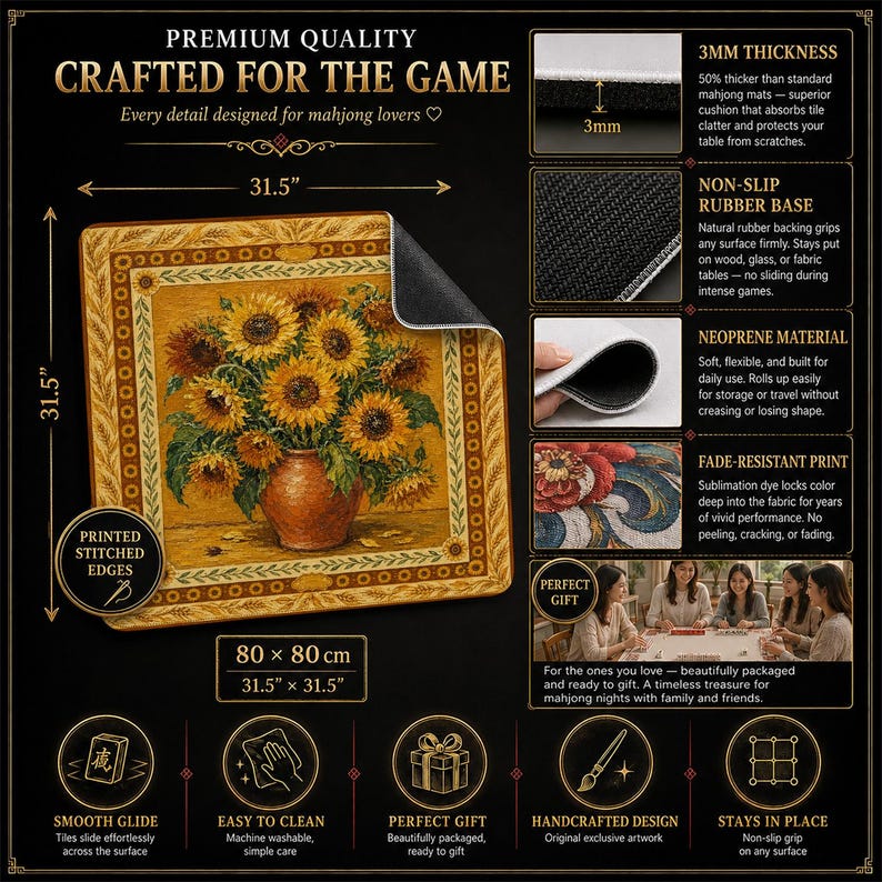 Sunflower Vase Mahjong Mat — Van Gogh Style Mah Jongg Mat 31.5" Art Gift