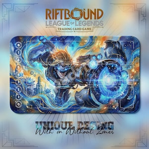 May include: A rectangular playmat for the Riftbound League of Legends trading card game. The design features a character with blonde hair and a glowing blue energy weapon, set against a swirling blue and gold background with numbered zones.